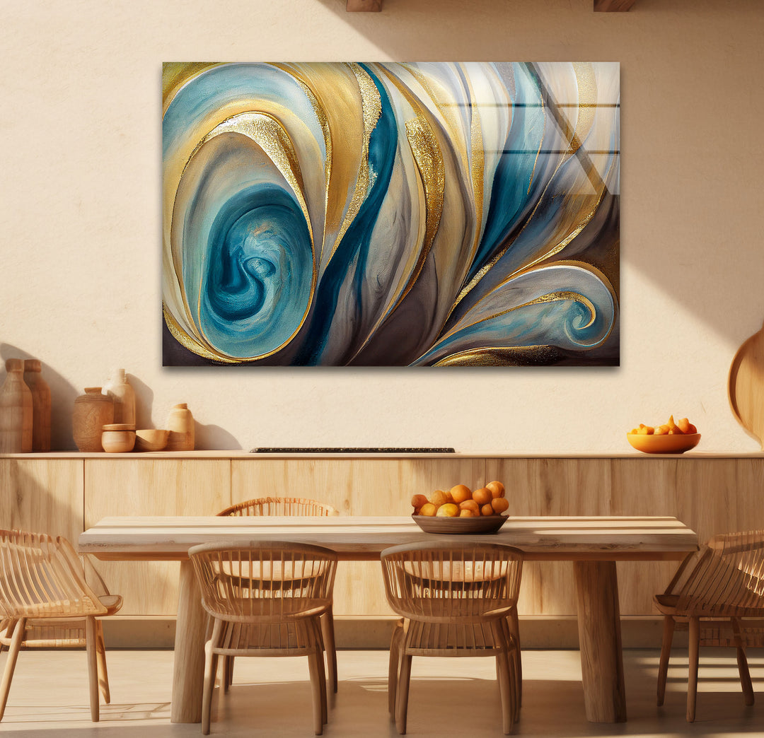 Teal Gold Swirl Wall Art – Elegant Abstract Glass Print for Modern Interiors