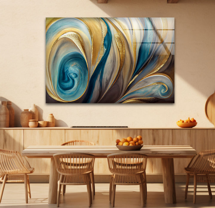 Teal Gold Swirl Wall Art – Elegant Abstract Glass Print for Modern Interiors