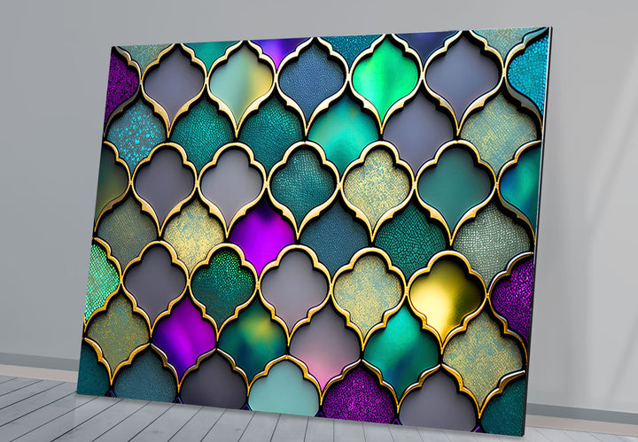 Moroccan Geometric Stained Glass Wall Art – Luxurious Gold & Teal Decor