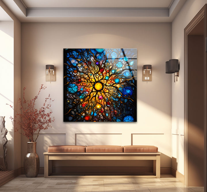 Celestial Stained Glass Wall Art – Cosmic Sunburst Galaxy Design