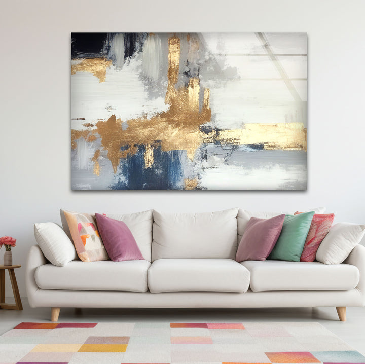 Navy Gold Brushstroke Wall Art – Modern Abstract Glass Print Décor