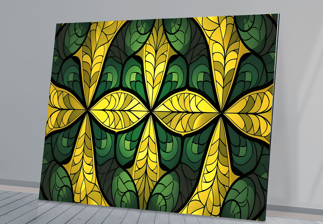Green & Gold Stained Glass Wall Art – Botanical Geometric Glass Design