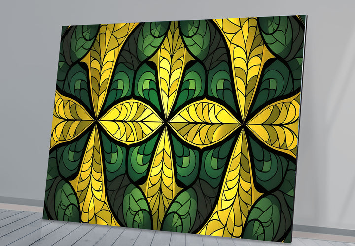 Green & Gold Stained Glass Wall Art – Botanical Geometric Glass Design