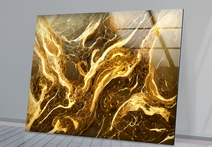 Molten Gold Marble Wall Art – Abstract Luxury Glass Print for Modern Decor