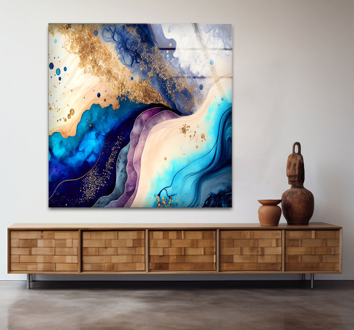 Elegant Blue & Gold Abstract Glass Wall Art – Luxury Modern Decor