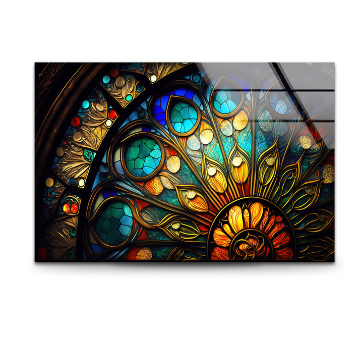Buntglasfensterkunst – Elegantes gotisches Rosettenfenster-Design