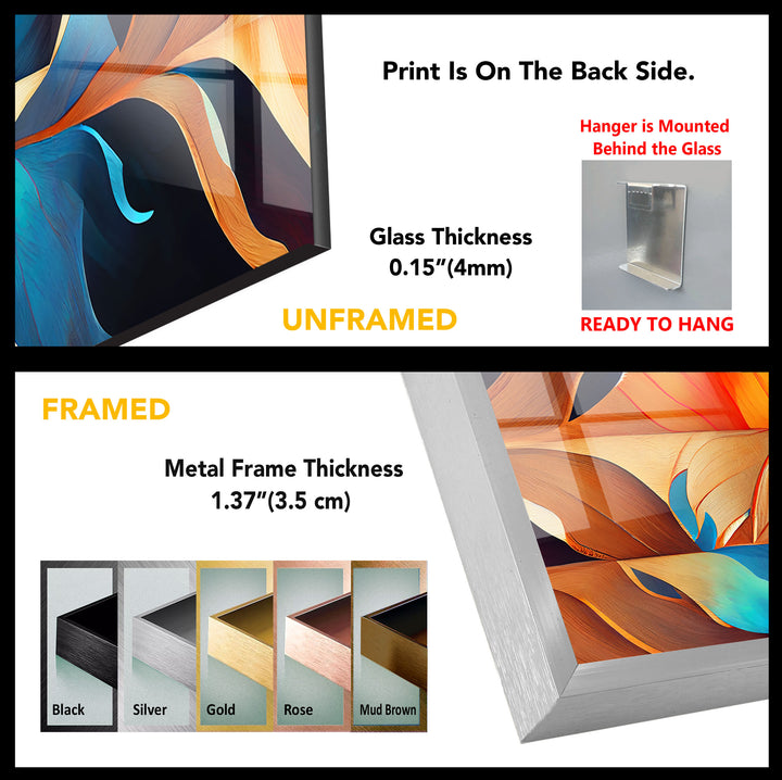 Abstract Feather Flow Glass Wall Art – Earthy Orange & Teal Nature Design