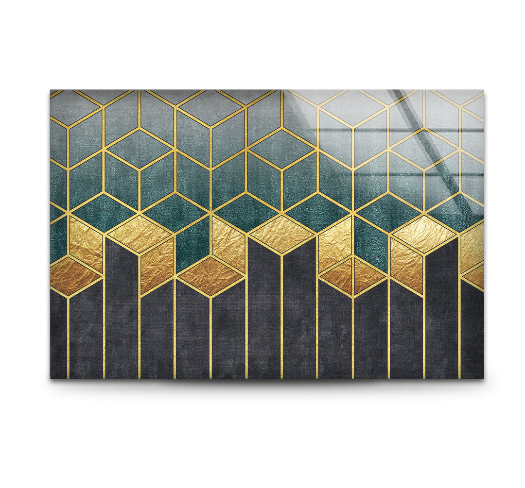 Gold Teal Geometric Wall Art – Luxury Patterned Glass Print for Modern Decor