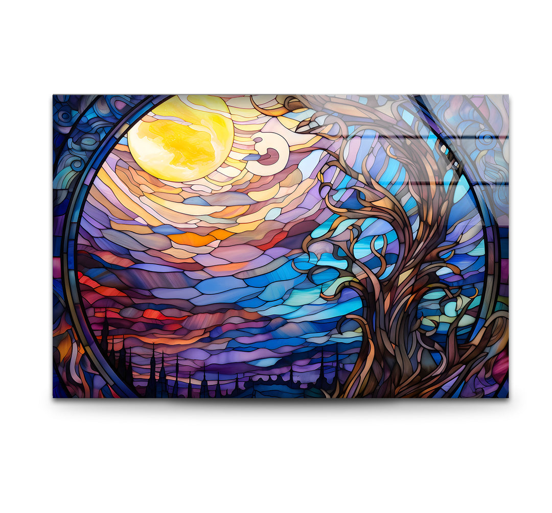 Mystic Moon Buntglas-Wandkunst – Verzauberter Baum &amp; Nachthimmel-Dekor