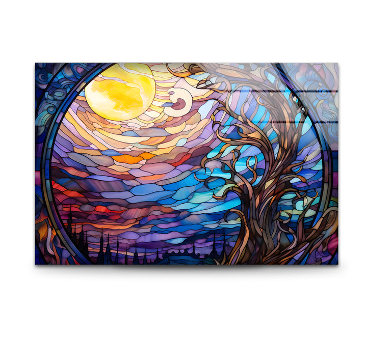 Mystic Moon Buntglas-Wandkunst – Verzauberter Baum &amp; Nachthimmel-Dekor