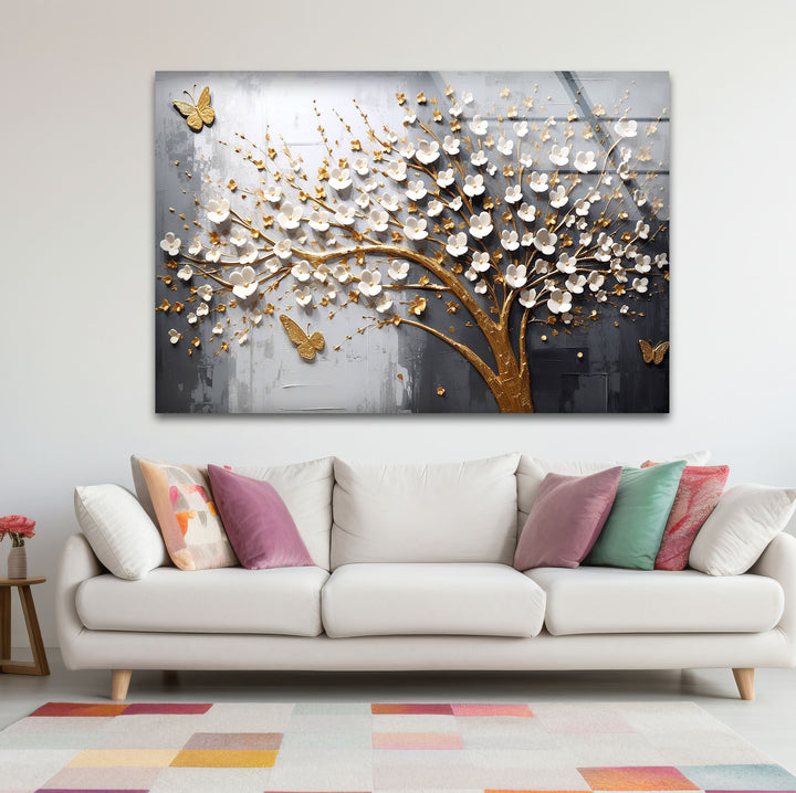 Golden Cherry Blossom Tree Wall Art – 3D Floral Glass Print with Butterflies