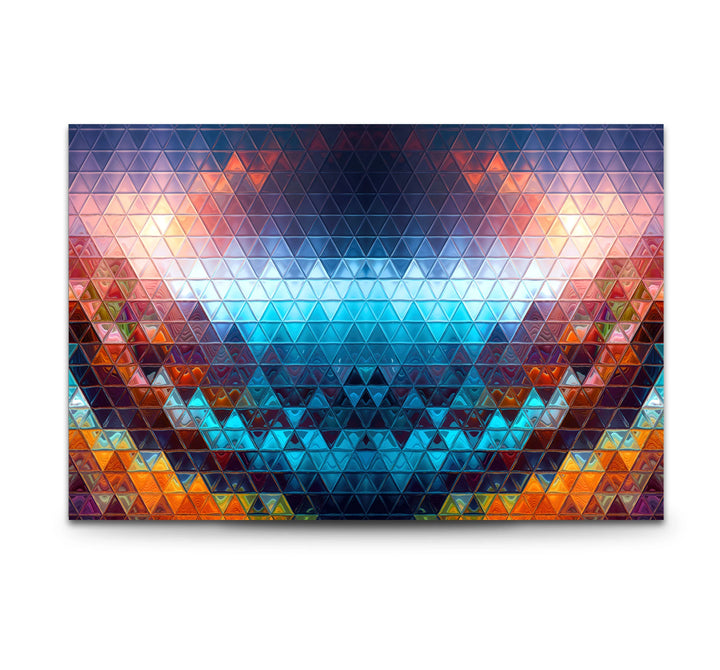 The stillness of the geometric prism best glass art wall design is captured in a mosaic of colorful triangle prisms for modern decor.