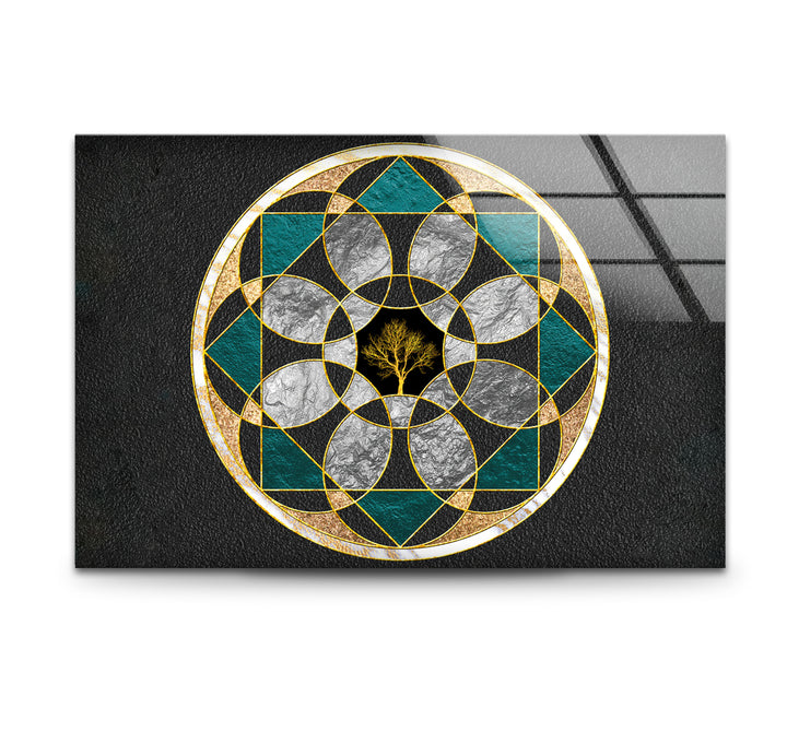 Wandkunst mit heiliger Geometrie, Baum des Lebens – Moderne Glasplatte mit goldenem Mandala-Design