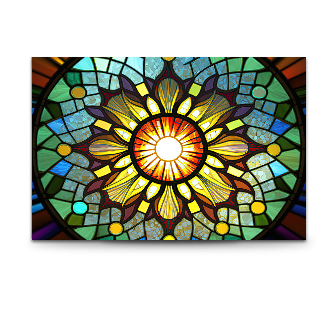 Strahlende Buntglas-Wandkunst mit Sonnenstrahlen – Buntes Mandala-Fensterpaneel 