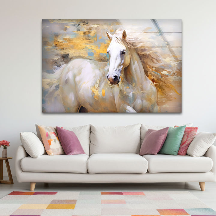 Majestic White Horse Wall Art – Abstract Glass Print for Modern Interiors