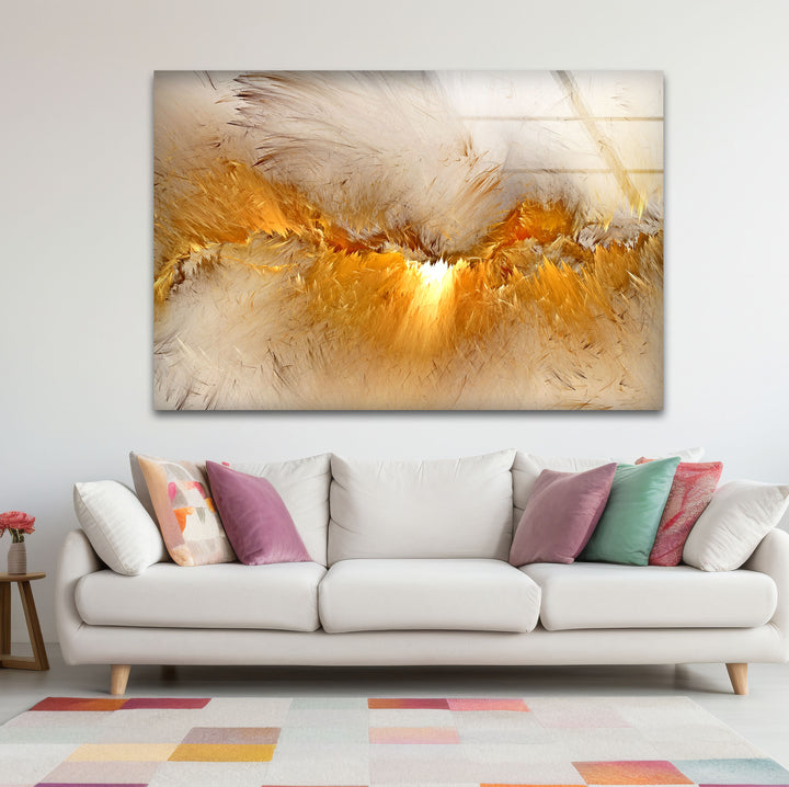 Golden Feather Storm Wall Art – Abstract Light Burst Glass Print
