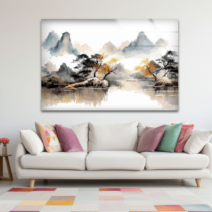 Serene Mountain Lake Wall Art – Asian Landscape Ink Style Glass Print