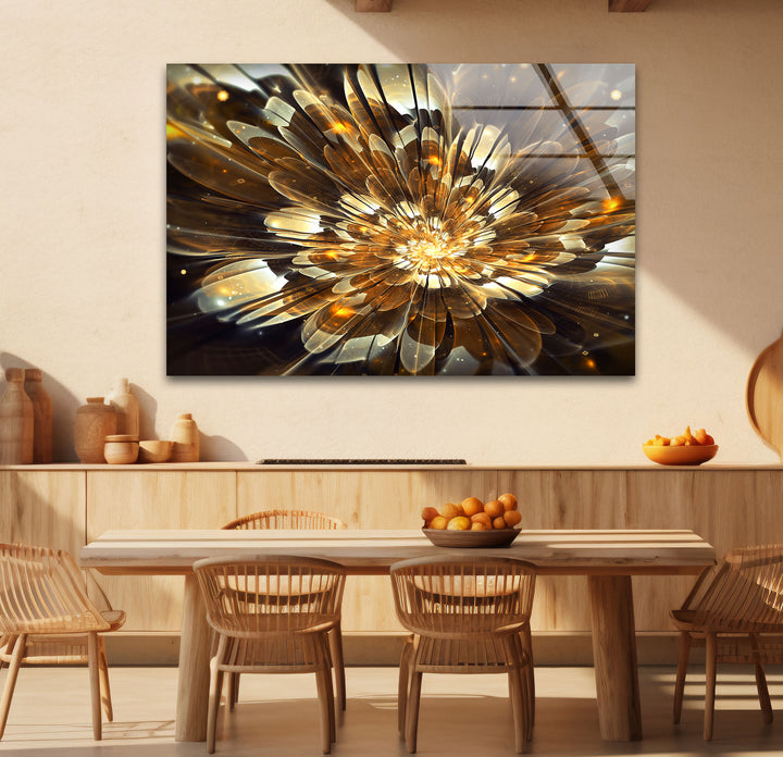 Golden Bloom Burst Wall Art – Radiant Abstract Flower Glass Print