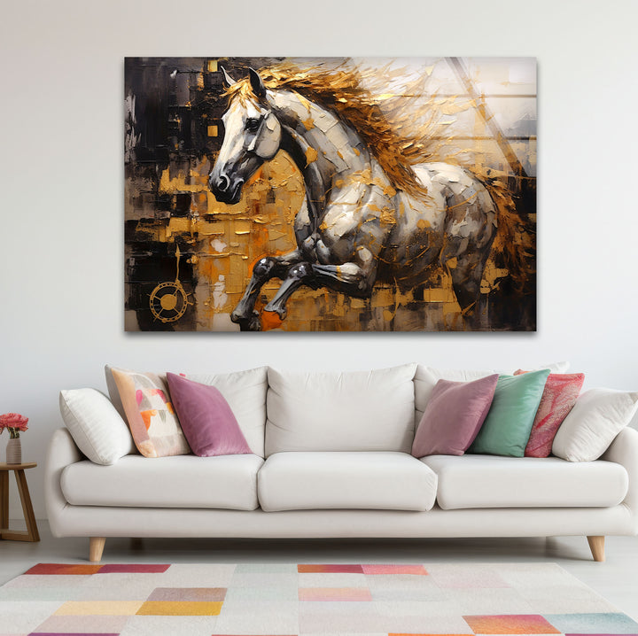 Golden Spirit Horse Wandkunst – Abstrakter Glasdruck mit rennendem Hengst