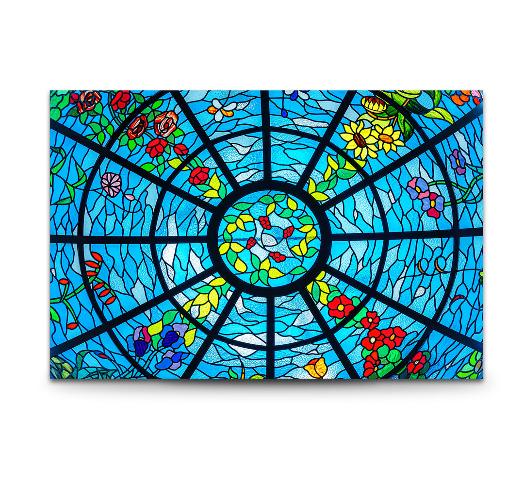 Blue Stained Glass Wall Art – Vibrant Floral & Ocean Window Design for Home & Office