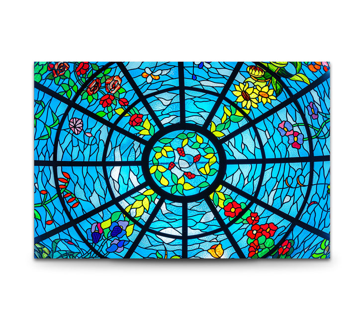 Blue Stained Glass Wall Art – Vibrant Floral & Ocean Window Design for Home & Office