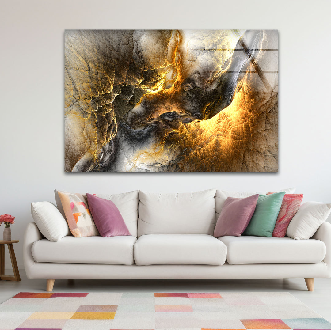 Golden Ember Cavern Wall Art – Textured Abstract Glass Print Decor