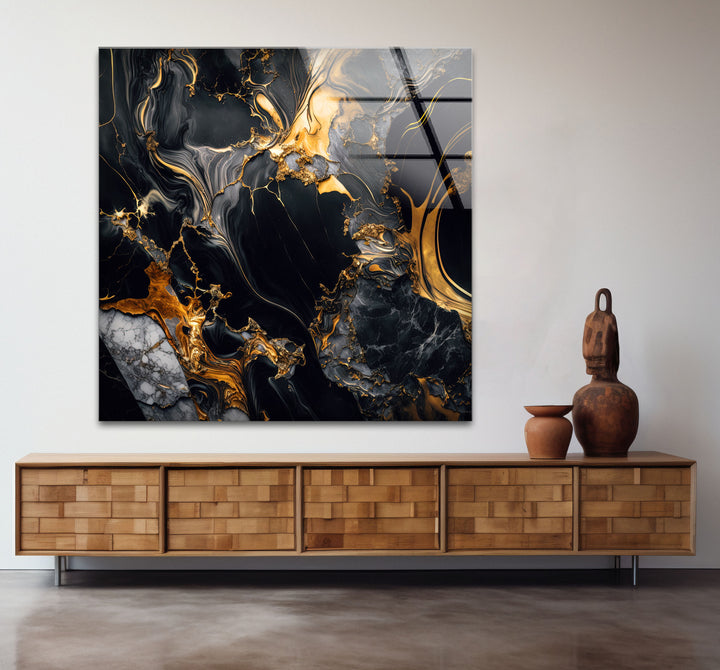 Black Marble Gold Flow Wall Art – Luxury Abstract Glass Print for Modern Interiors