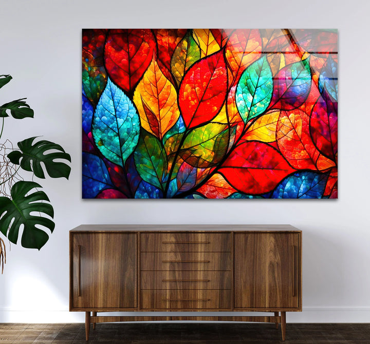 Vibrant Stained Glass Leaf Wall Art – Colorful Botanical Glass Decor - MyPhotoStation