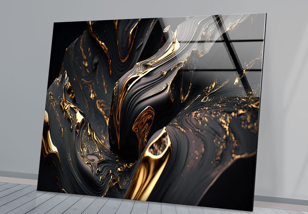 Black Gold Swirl Wall Art – Luxury Abstract Fluid Glass Print for Interiors