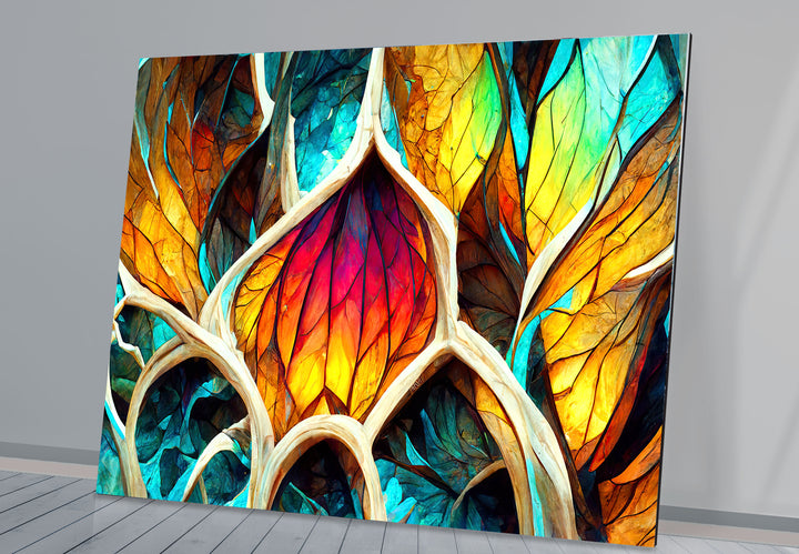 Von der Natur inspirierte Buntglas-Wandkunst – Abstraktes Blattdesign 