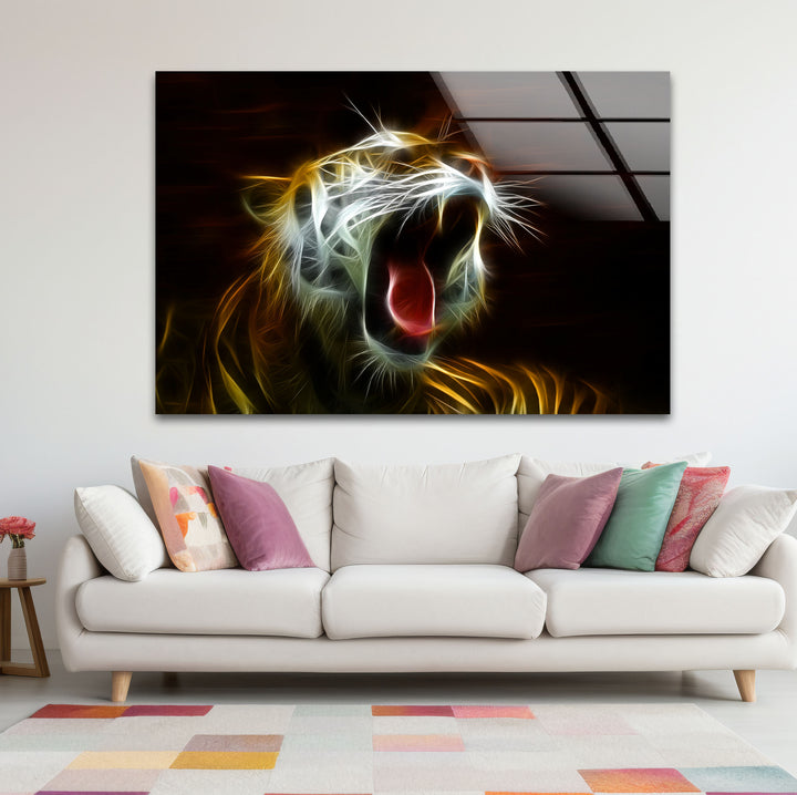 Electric Roar Tiger Wandkunst – Neon Wildtier Glasdruck Dekor