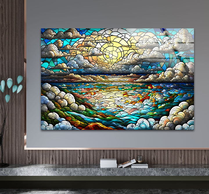 Serene Ocean Sunset Stained Glass Wall Art – Coastal Landscape Window Design