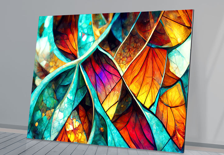 Abstrakte Wanddekoration aus Buntglasblättern – Lebendiges, von der Natur inspiriertes Panel für moderne Innenräume
