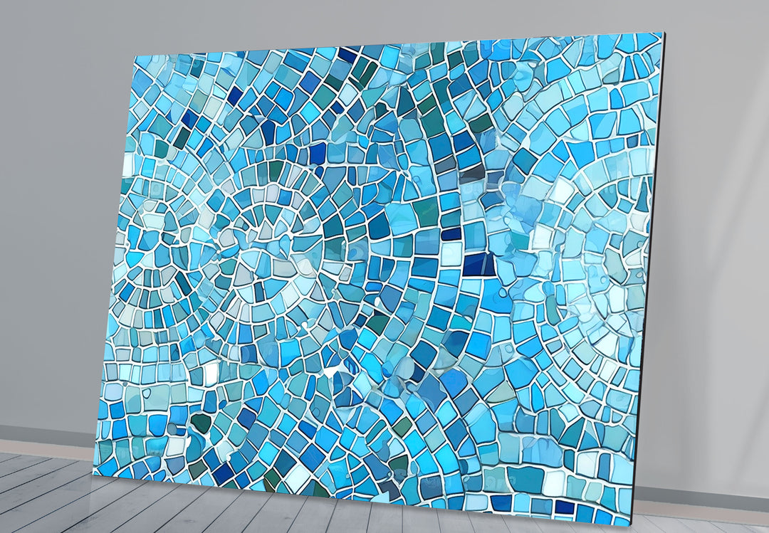Aqua Blue Mosaic Glass Wall Art – Coastal Geometric Decor for Bathroom & Spa