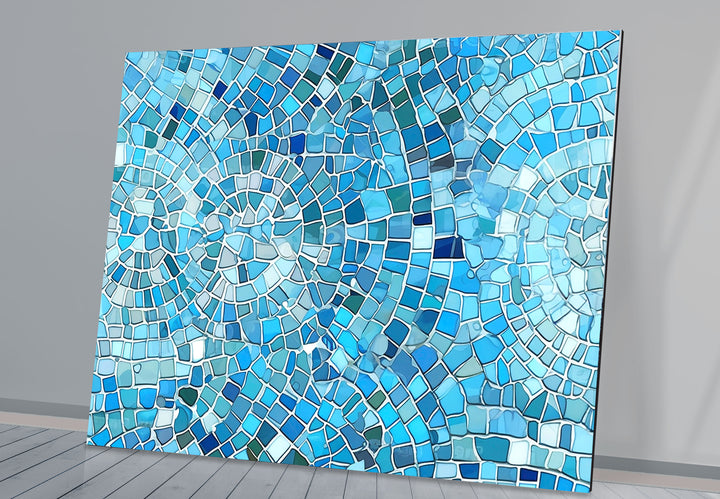 Aqua Blue Mosaic Glass Wall Art – Coastal Geometric Decor for Bathroom & Spa