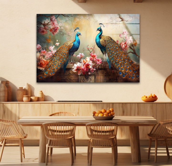 Elegant Peacock Wall Art – Floral Tempered Glass Print for Luxury Interiors