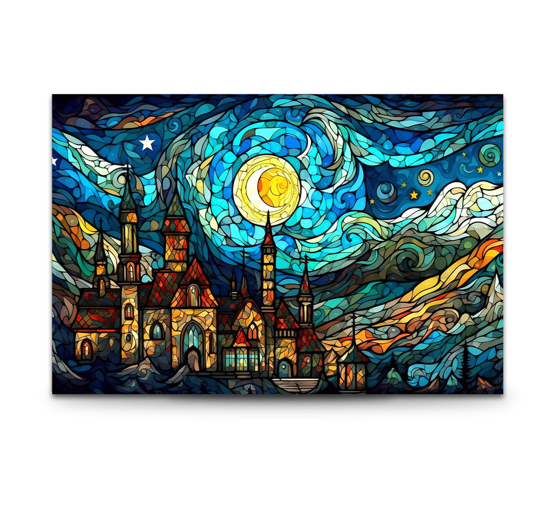 Van Gogh Sternennacht Schloss Glaswandkunst – Buntglas-inspiriert 