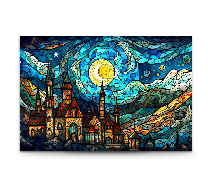 Van Gogh Sternennacht Schloss Glaswandkunst – Buntglas-inspiriert 