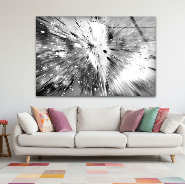 Monochrome Explosion Wall Art – Abstract Black and White Glass Print