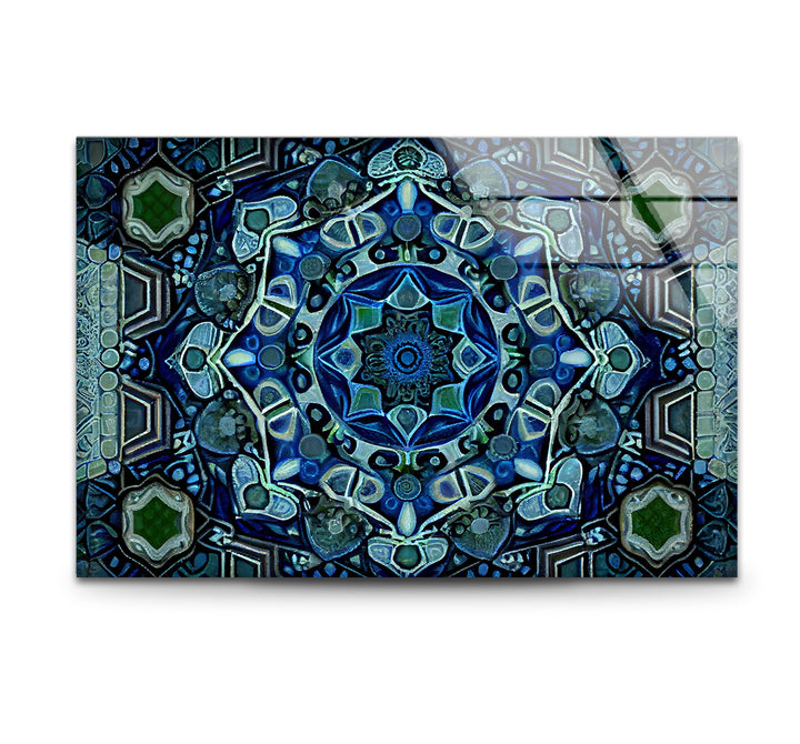 Blue Mandala Glass Wall Art – Intricate Geometric Design, Modern Home & Office Decor