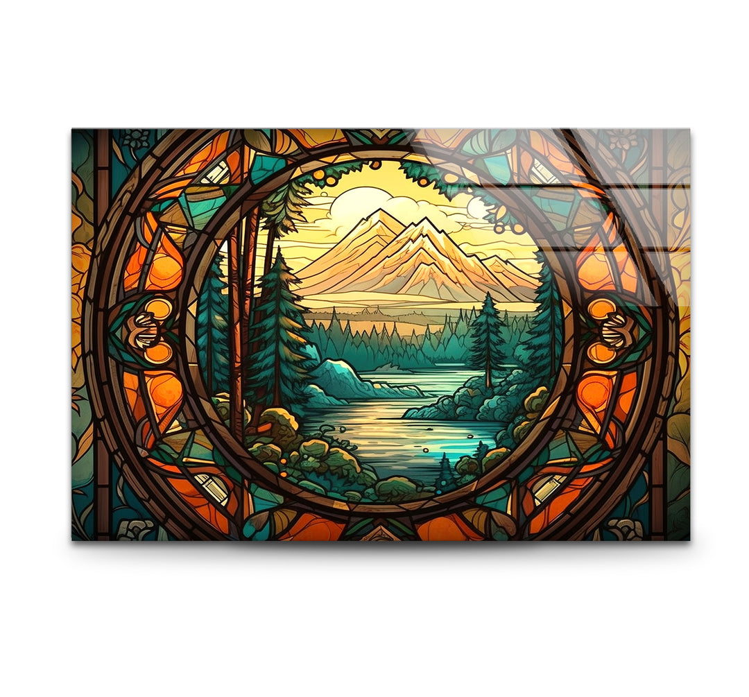 Stained Glass Mountain Landscape – Scenic Forest & River Window Panel