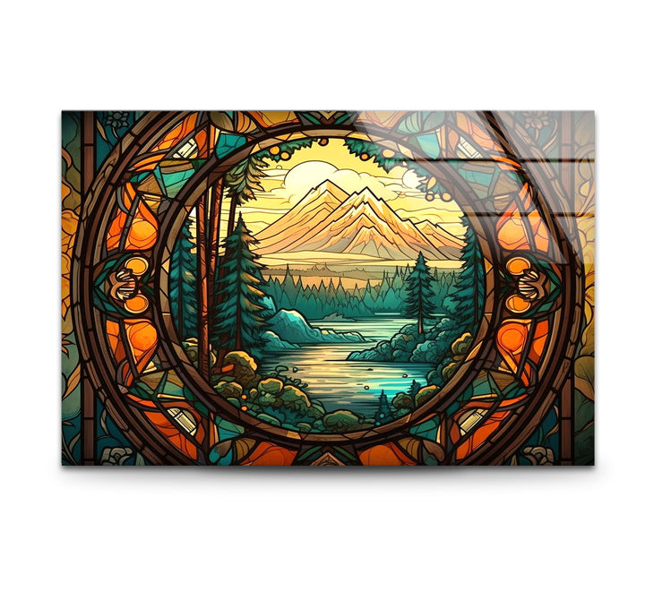 Stained Glass Mountain Landscape – Scenic Forest & River Window Panel