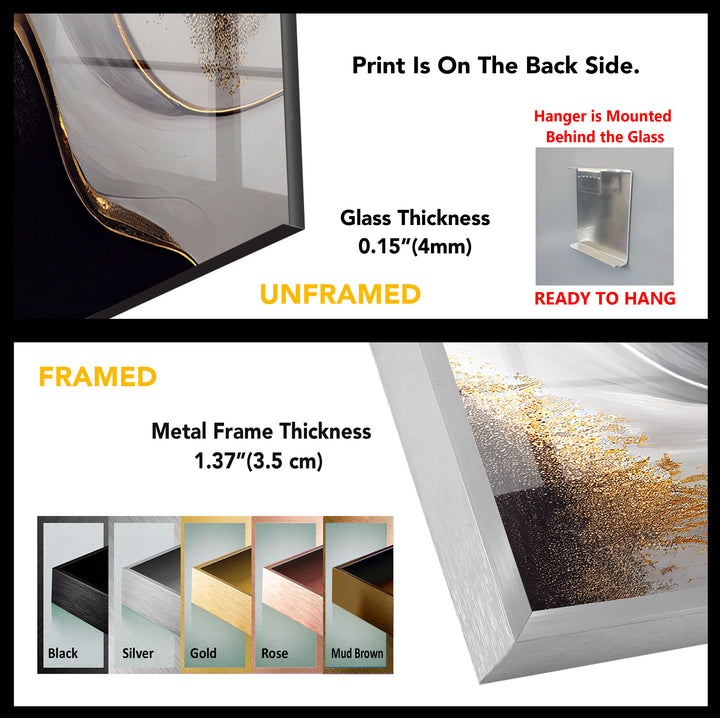Gold Black White Abstract Wall Art – Elegant Fluid Wave Glass Print for Luxury Interiors