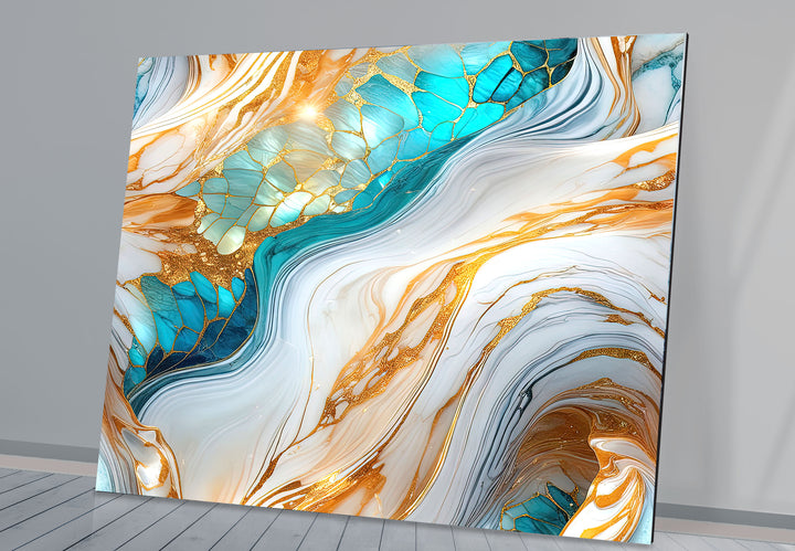 Luxuriöse Wandkunst aus goldenem und türkisfarbenem Marmor – Abstraktes, fließendes Design für moderne Innenräume