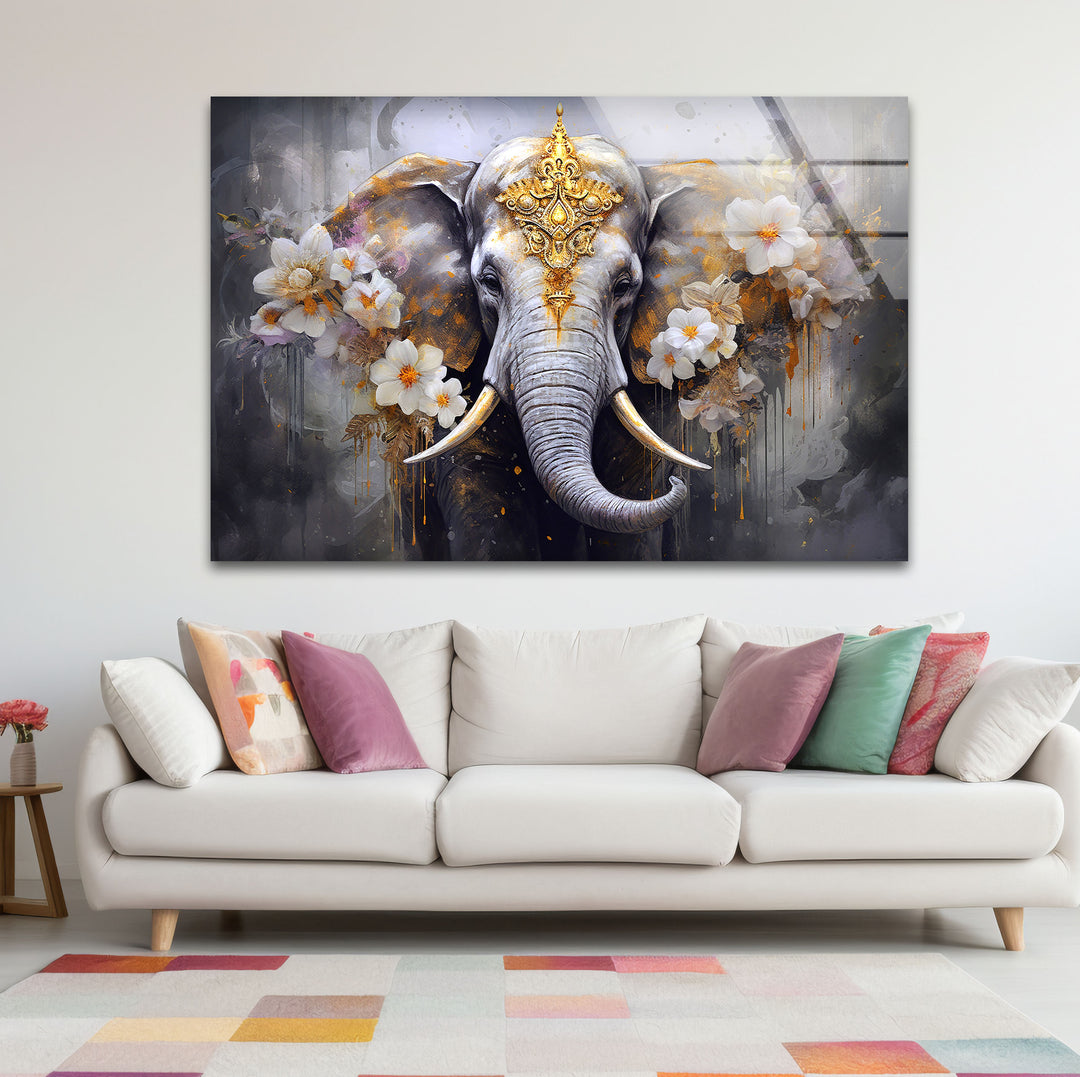 Regal Elephant Wall Art – Golden Floral Decor on Tempered Glass Panel