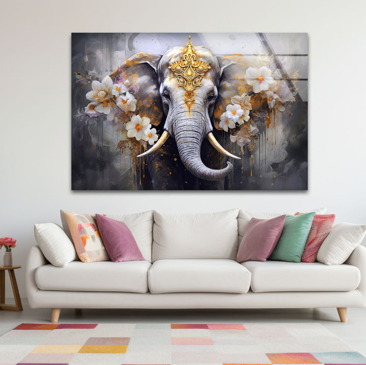 Regal Elephant Wall Art – Golden Floral Decor on Tempered Glass Panel