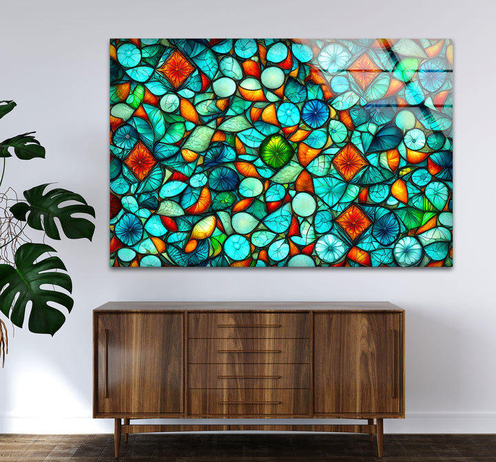 Lebendige Buntglas-Wandkunst – Abstraktes Mosaikmuster in Türkis und Orange