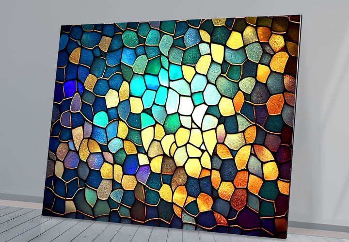 Moderne Wanddekoration aus Buntglas – Abstraktes Mosaikmuster in Blau und Gold