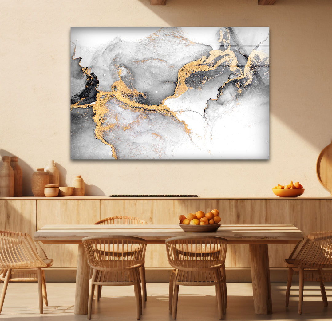 Black White and Gold Abstract Wall Art – Minimalist Glass Print for Modern Decor