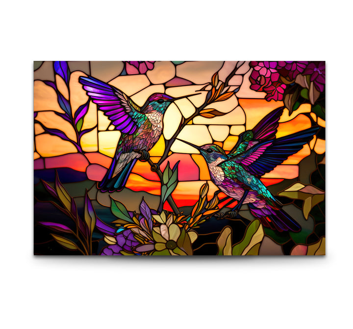 Hummingbird Stained Glass Wall Art – Sunset Floral Window Panel